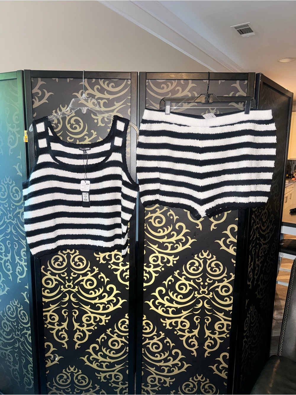 Fashion Nova Black & White Striped Knit Mini Short Set